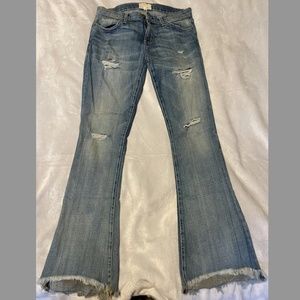 Vintage Current Elliot low rise flared jeans, distressed denim frayed hem